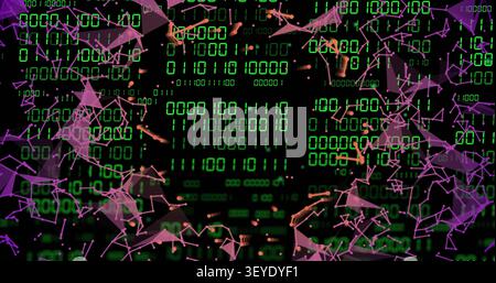 Vertical image: Central green binary matrix pulsing and drawing polygons framing for tech data Stock Photo