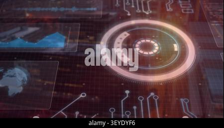 Initializing central HUD rotating and pulsing over dark streaked backdrop with side panels, traces Stock Photo