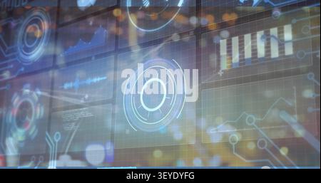 HUD pulsing via central circular widget, animating bar chart and waveform for tech monitoring Stock Photo
