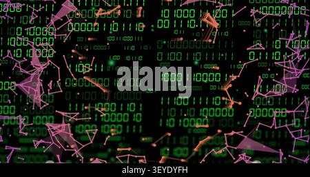 Vertical image: Central green binary matrix pulsing and drawing polygons framing for tech data Stock Photo