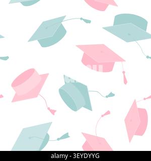 Hand drawn Graduate Hats Seamless Pattern in Pink and Blue. Gender Party Baby Boy or Girl Reveal Background. Nursery Cute Backdrop, Vector Stock Vector