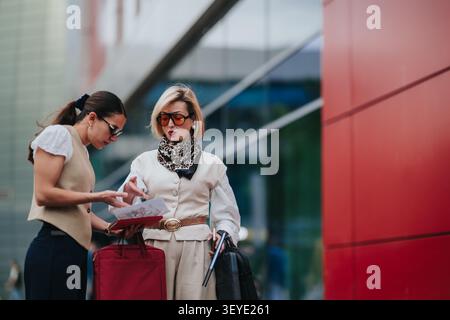 Two businesswomen discussing documents outside a modern office building with luggage Stock Photo