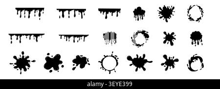 Black smooth ink shiny blob form set. Splash with glossy drops, round abstract shapes silhouette liquid. Soft fluid organic puddle border, frame. Current drops. Ink Paint fall down liquid. Vector illustration Stock Vector