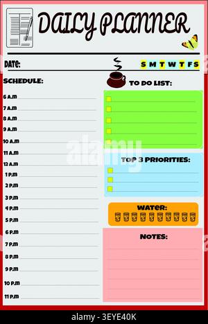 Colorful daily planner template featuring an hourly schedule from 6 AM to 11 PM, to-do checklist, top three priorities section, water intake tracker, Stock Vector