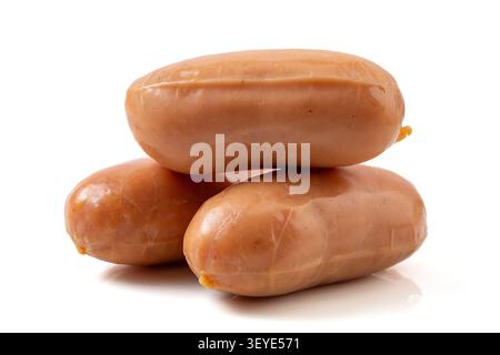 Three mini pork sausages stacked on white background Stock Photo