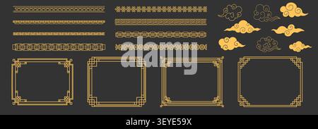 Asian golden element set decorative frames, corners, borders, flowers , clouds, hanging lantern and knotting in Chinese style. Cloud patterns, gold decorative borders, and traditional oriental. Vector illustration Stock Vector