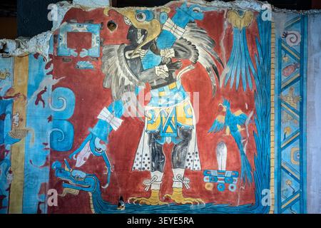 Ancient pre-Columbian Mayan style mural replica depicting the Bird Man or Eagle Warrior of Cacaxtla at the National Museum of Anthropology in Mexico C Stock Photo
