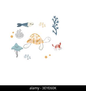 Cute turtle and jellyfish, crab and tropical fish composition on white background. Kids print with sea animals and creatures. Cartoon doodle vector il Stock Vector