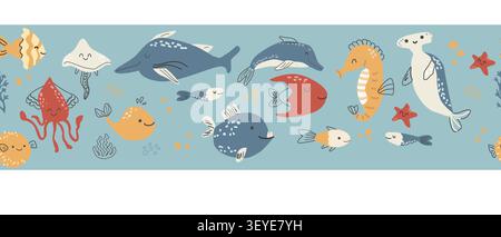 Cute tropical jellyfish and whale, crab border pattern in doodle scandinavian style on blue background. Hand drawn vector illustration of sea creature Stock Vector