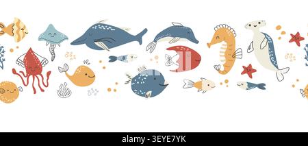Cute sea animal border pattern in doodle scandinavian style on blue background. Hand drawn vector illustration of sea creatures and plants, corals, un Stock Vector