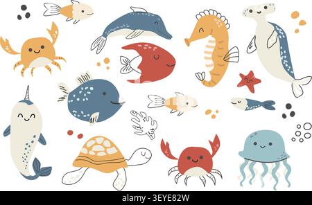 Cute sea animals set in doodle scandinavian style. Hand drawn ocean jellyfish, crab and turtle, seahorse and dolphin, underwater creatures, plants and Stock Vector