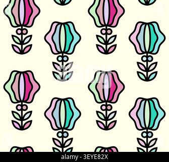 Flat design background featuring repetitive colorful folk art flowers on light cream. Stock Vector
