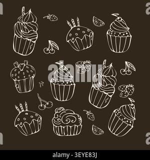 Set of doodle cupcakes and macaroons on black background. White outline linear sketch set of muffins and macaroon. Sweet pastry vector set. Stock Vector