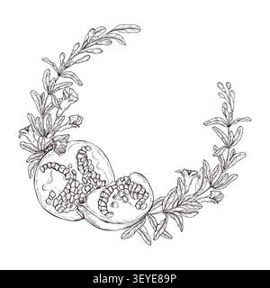Pomegranate fruit wreath illustration in black and white line art style. Floral branches and fruits graphic sketch. round frame for wedding invitation Stock Vector