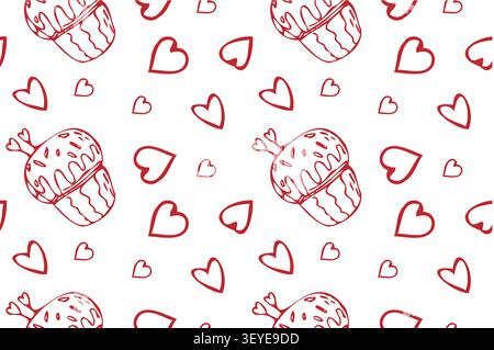 Hand drawn cupcake and heart pattern with muffin and hearts. Bakery sweet dessert, outline red pattern on white background. Vintage cupcake texture, s Stock Vector