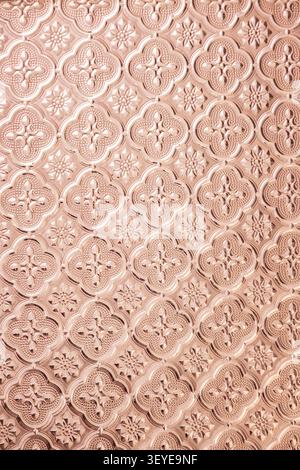 Vintage Textured Traditional Glass with Floral Pattern window. Beautiful pattern of blue semi-transparent or translucent decorative stained frosted gl Stock Photo