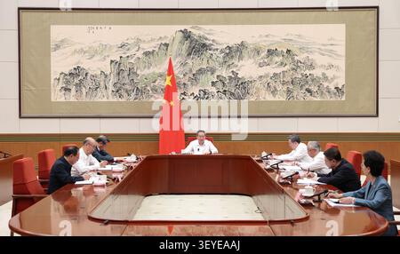 (260703) -- BEIJING, July 3, 2026 (Xinhua) -- Chinese Premier Li Qiang, also secretary of the leading Party members group of the State Council, chairs a meeting to study the guiding principles of a speech made by Xi Jinping, general secretary of the Communist Party of China (CPC) Central Committee, at a gathering in celebration of the 105th anniversary of the founding of the CPC, as well as Xi Jinping Thought on Party Building, on July 1, 2026. The meeting was attended by senior State Council officials, including Vice Premier Ding Xuexiang. (Xinhua/Huang Jingwen) Stock Photo