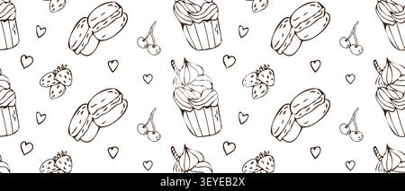 Vintage seamless sweet desserts background with cupcakes, macaroons, strawberry, cherry and hearts. Sweet pastry food pattern for menu, covers, wrappi Stock Vector