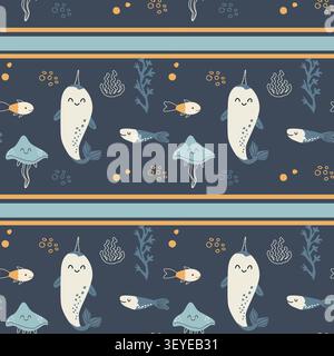 Cute kids narwhal seamless pattern in doodle scandinavian style on dark background. Hand drawn vector illustration of sea creatures and plants, corals Stock Vector