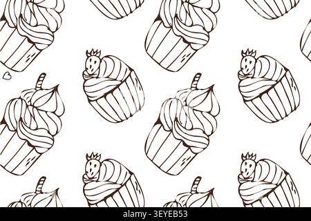 Hand drawn cupcake pattern with muffin and strawberry, cookies. Bakery sweet dessert, outline pattern on white background. Vintage cupcake texture, sw Stock Vector