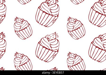 Hand drawn outline strawberry and cupcake doodle, seamless pattern with muffin and creams. Bakery sweet dessert, outline red pattern on white backgrou Stock Vector