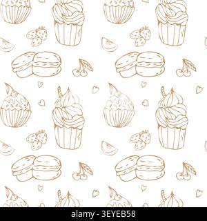 Sweet cupcake and macaroons strawberry outline pattern with doodle elements. Bakery sweet dessert, brown outline pattern on white background. Vintage cupcake texture. Vector sketch illustration. Stock Vector