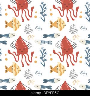 Cute tropical jellyfish seamless pattern in doodle scandinavian style. Hand drawn vector illustration of sea creatures and plants, corals, underwater inhabitants. Kids nursery pattern. Stock Vector
