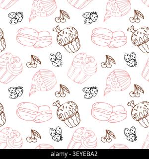 Hand drawn pink and brown cupcake pattern with muffin topping, cherry. Bakery sweet dessert, outline pattern on white background. Vintage cupcake texture, sweet pastry background. Vector sketch illustration. Stock Vector