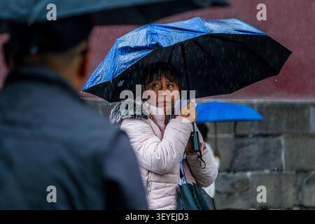 A woman walks protected by a blue umbrella during a heavy rain shower on the city streets of Puebla. Stock Photo