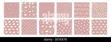 Bohemian baby pattern set with seamless abstract pink designs featuring small dashes, circles, stars, rainbows, sun, moon, hearts and clouds. Cute nursery background for fabric, wallpaper and textiles Stock Vector