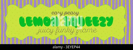 Border frame with wavy groovy shape on striped y2k seamless background in green and purple pastel colors. Groovy frame and pop border template for Stock Vector