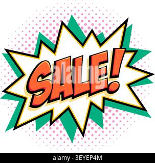 Comic starburst with red sale lettering on white burst shape, green layered background and pink halftone dots in retro pop art vector style Stock Vector