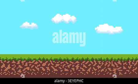 Pixel art landscape with green grass blue sky and clouds. Retro game background. Stock Vector