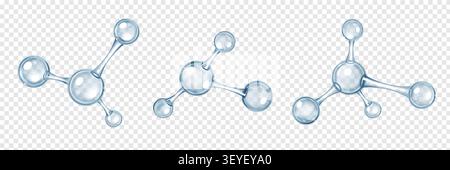 3D molecular structure with transparent glass atoms and bonds, realistic vector illustrations. Chemical formula model isolated on transparent background, laboratory and science symbol Stock Vector