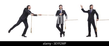 Young businessman pulling rope isolated on white Stock Photo
