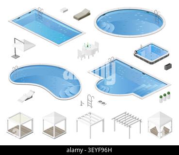 Set swimming pool isometric elements Stock Vector