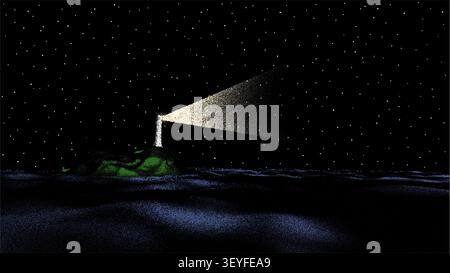 Colorful retro lighthouse beacon sweeping across a star-filled night sky above a rocky island in stipple dot art Stock Vector