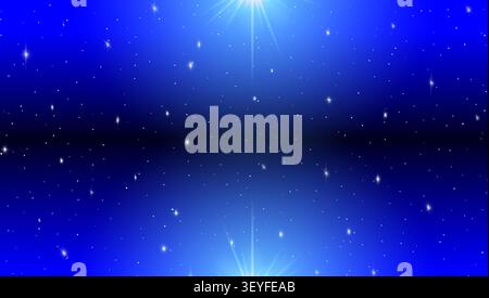 Bright cyan and blue starry sky with central white glare background Stock Vector