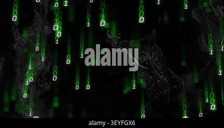 Top digits sparking streams, green binary rain falling, showing data flow over dark backdrop Stock Photo