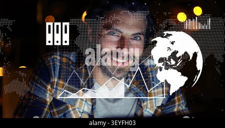 Dev on laptop, watching live data activating cloud-globe charts, evolving into market insights Stock Photo