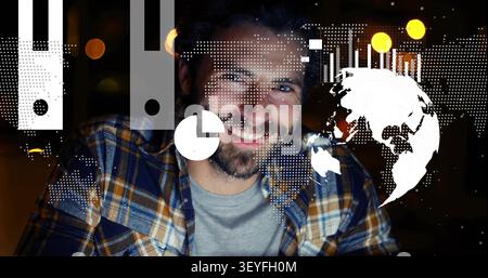 Dev on laptop, watching live data activating cloud-globe charts, evolving into market insights Stock Photo