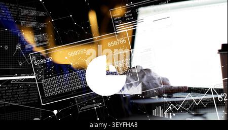 Right hand typing laptop, activating cloud to bars, pie, line or area charts analyzing business data Stock Photo