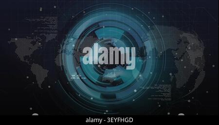 Central circular HUD receiving data pulse, expanding rings and rotating arcs showing system update Stock Photo