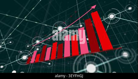 Red baseline appearing, 3D bar chart rising with connecting line and nodes, showing finance growth Stock Photo