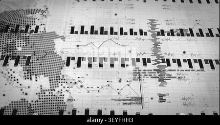 On data load dotted globe rotating while bar charts rising and lines animating, visualizing trends Stock Photo