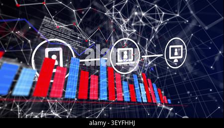 Device icons materializing and linking to bar chart, highlighting data flow for tech networks Stock Photo