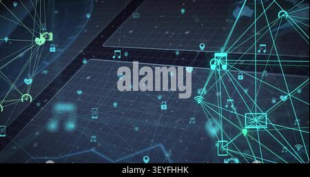 Floating icons drifting to grid spurring wireframe net pulsing and linking, showing tech data flow Stock Photo