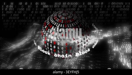 On play starting, 3D binary sphere rotating, Block chain band orbiting, emitting data into matrix Stock Photo
