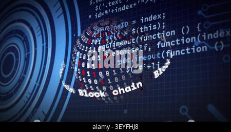 3D binary sphere rotating after Block chain band sweep, revealing code overlays and blockchain HUD Stock Photo
