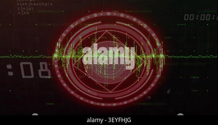 Central red HUD pulsing and rotating as left counter counting, waveform peaking to show activity Stock Photo